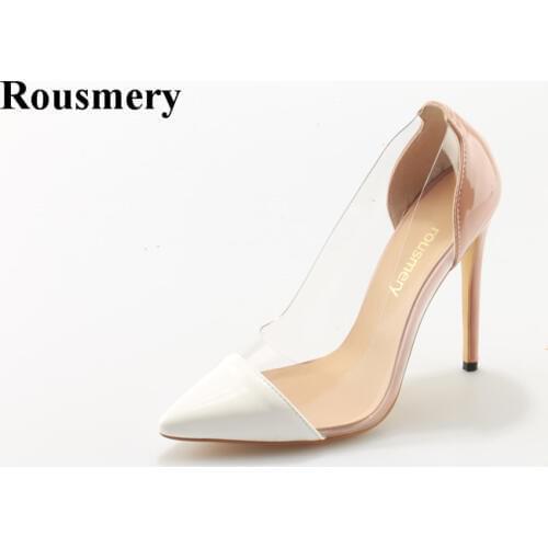 Women Classical Style Pointed Toe PVC Pumps White-nude Transparent Patchwork High Heels Office Ladies Formal Dress Shoes