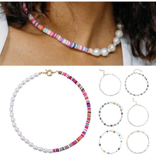 Necklace For Women Y2K Beaded Choker Multicolored Evil Eyes Floral Pearl Necklace Devils Eye Colorful Bead Chain Cute Flower