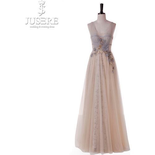 Vestido de festa Champagne Long Evening Dresses 2018 3D Flower A-Line See Through V-Back Floor Length Formal Party Gowns