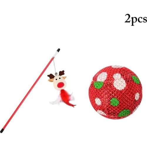 2pcs Cat Toy Pet Christmas Cat Teaser Wand Reindeer Cat Interactive Wand with Catnip Ball Toy Colorful Feather Toys for Cats