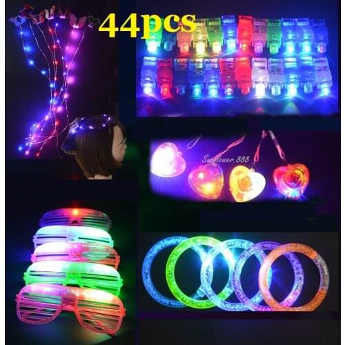 44pcs LED Light Up Toys Girls Hair Styling Tools Braider Finger Lights Glasses Bracelet Heart Necklace Glow Prizes Christmas
