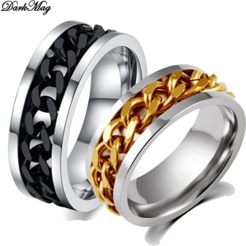 DarkMag 1 Pcs Punk 8mm Cool Black Spinner Chain Ring Men Stainless Steel Tire Texture Rotatable Links Ring Male Jewelry Gift