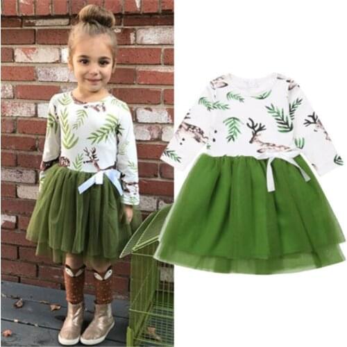 2-7Y Toddler Baby Girl Xmas Elk Party Pageant Tulle Tutu Dress Long Sleeve Outfits Christmas Clothes