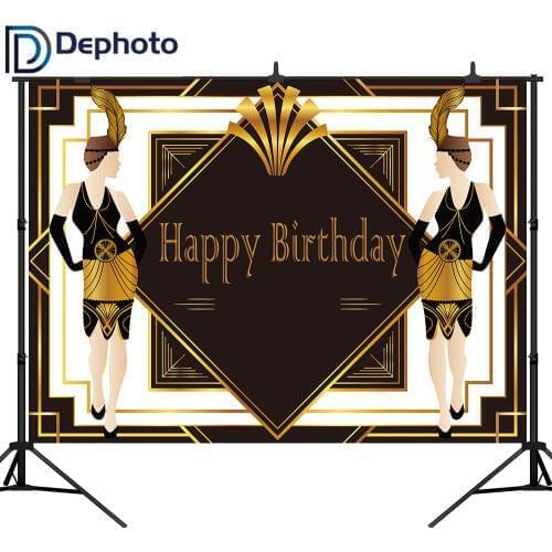 DePhoto Photocall Birthday Backdrops Black Golden Stripes Custom Text Photographic Background for Photo Shoots Photography