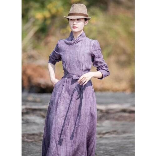 Art in 2020 linen artistic simple and atmospheric slim purple long dress for women 202005003