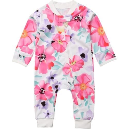 Newborn Baby Girl Flower Zipper Long Sleeve Romper Jumpsuit Outfits Clothes 0-24M