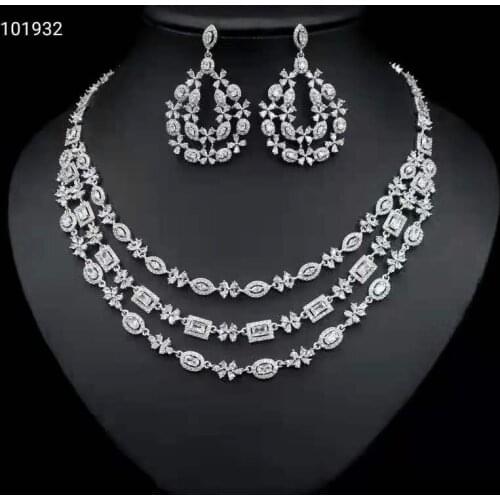 Funmode Clear Cubic Zirconia Nigerian Luxury Bridal Three Layers Big Necklace Earring Wedding Jewelry Set for Brides FS148