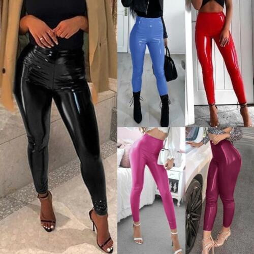 Fashion Women PU Leather Pants Ladies Casual High Waist Trousers Push Up Workout Stretch Slim fit Pencil Pants