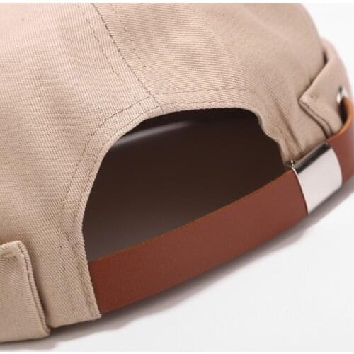 F42F Brimless Sailor Hat with Clorh Sticker & Leather Made Adjusting Strip Breathable Beanie Cotton Retro Adjustable