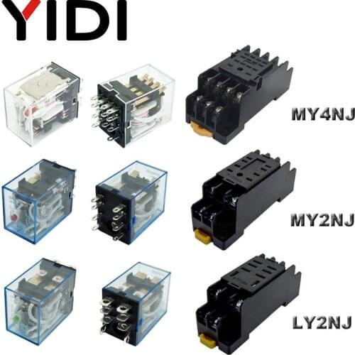 MY2NJ MY4NJ 5A General Coil Relay DPDT 4NO 4NC DC 12v 24v LY2NJ 10A LED Indicator Power Relays AC 110v 220v Din Rail Socket