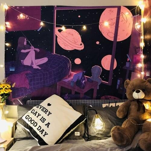 Japanese Style Aesthetic Tapestry Wall Hanging Kawaii Decor Starry Night Space Tapestry Home Decor Hippie Decoration Mural Tapiz