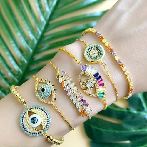 OCESRIO Evil Eye Bracelet Women Adjustable Rainbow CZ Zirconia Chain Bracelets for Women Charm Jewelry Pulseras Mujer brt-b64