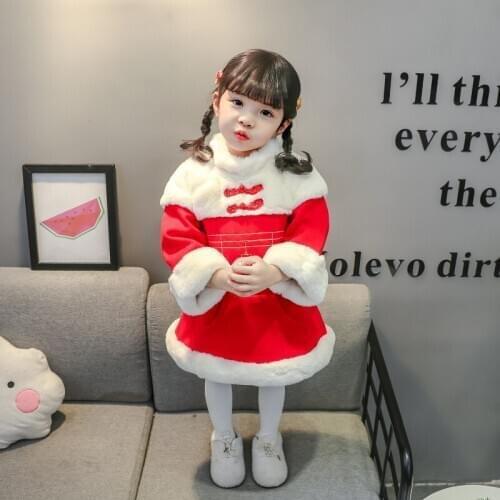Girl autumn and winter quilted woolen dress Girl long sleeve woolen dress Girl Chinese style fashion dress Girl dress