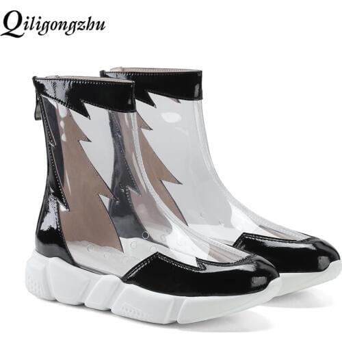 Women Fashion Transparent Martin Boots PVC Transparent Boots Round Toe Women Casual Shoes Waterproof Rain Boots Sneaker