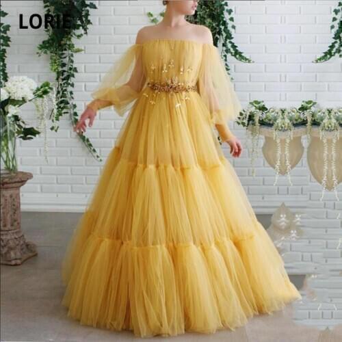LORIE Gold Fairy Prom Dresses Scoop Appliques Beaded Tiered Puff Sleeves Tulle Floor Length Evening Party Dress for Graduation