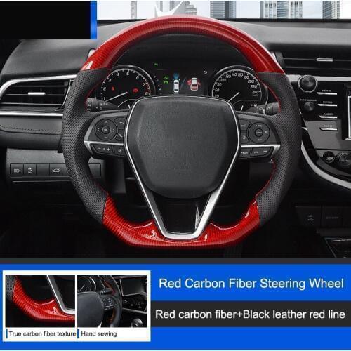 QHCP Real Carbon Fiber Steering Wheel Customized Replacement Modified Genuine Leather Peach Wood Accessory For Toyota Camry 2018