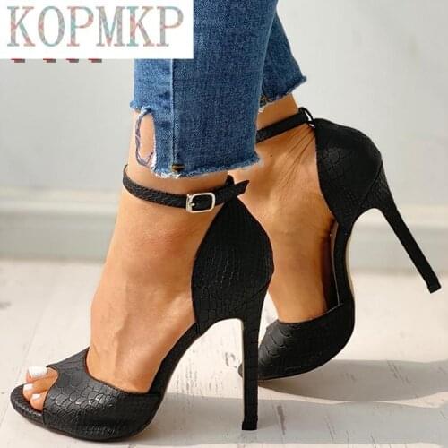 Sexy Buckle Strap Woman Shoes High Heels Pumps Sandals Fashion Snakeskin Stiletto Super Peep Toe Sandals Zapatos De Mujer 36-41