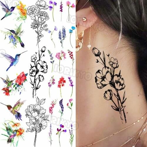 Sweet Pea Temporary Tattoos For Women Girls Colorful Hummingbird Lavender Peach Flower Fake Tattoo Sticker Neck Body Tatoos Show