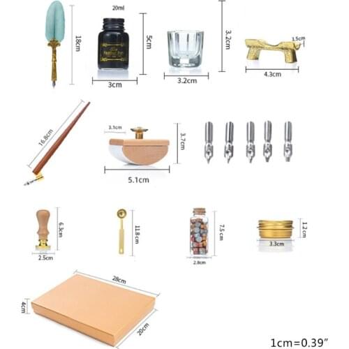 W3JD Retro Calligraphy Quill Feather Dip Pen with Nibs Wax Seal Stamp Holder Gift Box Stationery School Supplies
