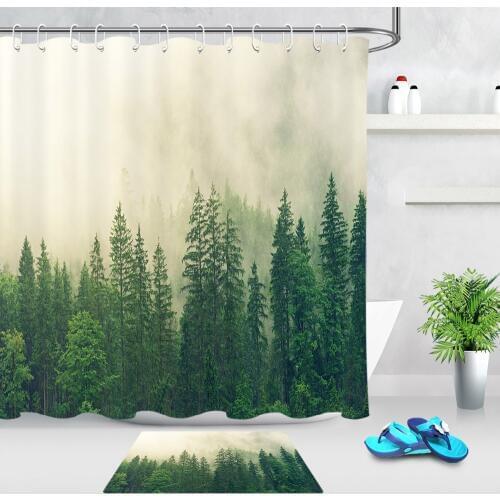 Green Forest Straight Pine Cloud Fog Shower Trees Curtains Bathroom Curtain Waterproof Polyester Fabric for Bathtub Home Decor