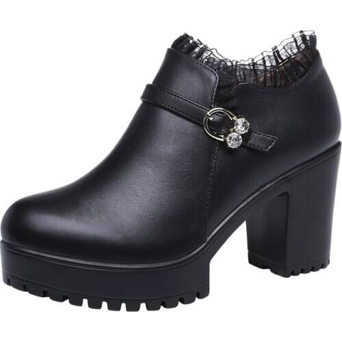 Plus Size 32-43 Block Heel Lace Leather Shoes Women Pumps 2021 Fall Deep Mouth High Heels Shoes Ladies Office Shoe Oxfords