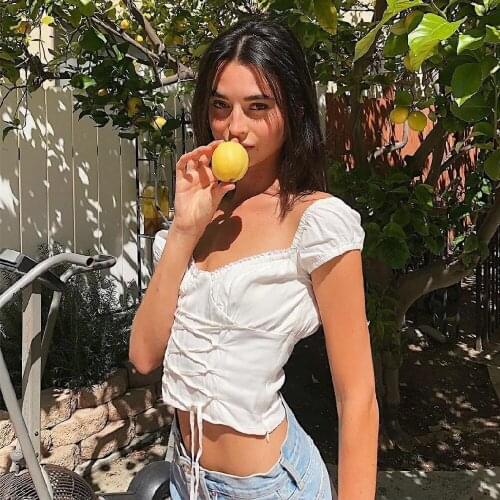 Women Off Shoulder Crop Tops Summer Short Sleeve Solid Color Criss Cross Lace Up Tee Shirts 2021