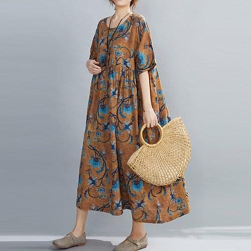 Plus Size Robe Female Cotton Dress Women Summer Loose Floral Printed Linen Dress Oversize Big Swing Maxi Dress Vestidos 4XL 5XL