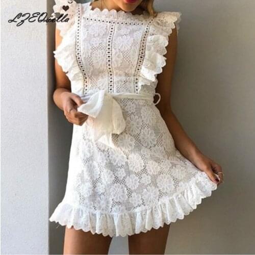 LZEQuella Women Sexy Lace Embroidered Dress Sleeveless A line Waist Belt Dresses Spring Summer Hollow Mini Dresses Vestido NZ549