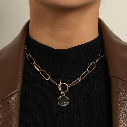 Fashion Gold Silver Color Black Pendant Necklace for Women Exaggerated Pop Buckle Lock Thick Chain Necklace