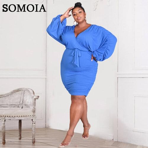 Plus Size Temperament Ribbing Party Dress for Women Evening Long Sleeve Shirring Dresses with Sash Elastic Waist Dress Wholesale