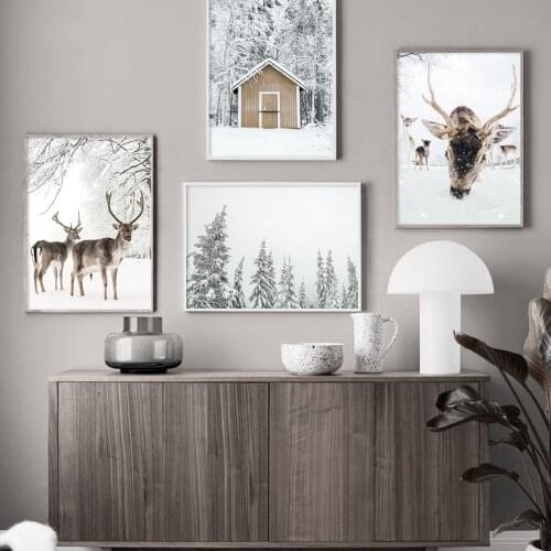 Winter Snow House Deer Forest Landscape Decorative Canvas Painting Nordic Wall Art Posters For Living Room Decoration Home Decor