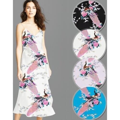 114CM Wide 16.5MM Peacock Print Blue Black Pink Silk Crepe Plain Fabric Good for Summer Dress Skirt Shirt Pants JH148