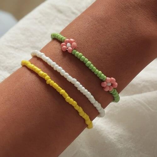 3PCS/SET New Korea Cute Multicolor Flowers Bracelet Sets For Women Fashion Beads Bracelet Couples Boho Summer Beach Jewelry