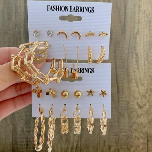 6pairs/set Trendy Big Circle Acrylic Metal Gold Color Hoop Earrings Set For Women Girls Vintage Rhinestone Earring Jewelry Gifts