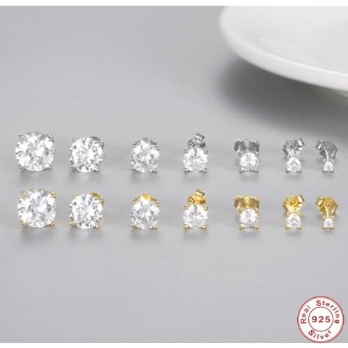 Aide 925 Sterling Silver 2-8mm Mini Single Zircon Stud Earrings For Women Shiny Crystal Ear Studs Wedding Engagement Party Jewel