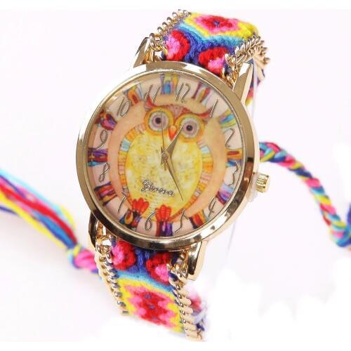 Gnova Platinum Rainbow Watch Women ethnic fashion owl wristwatch hippie Lace Chain Braided Reloj Girl Vintage Geneva Style A011