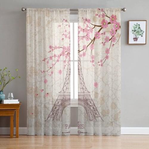 Beautiful Cherry Blossom Paris Tower Sheer Curtains for Girl Kids Bedroom Kitchen Window Drapes Curtain Home Decoration