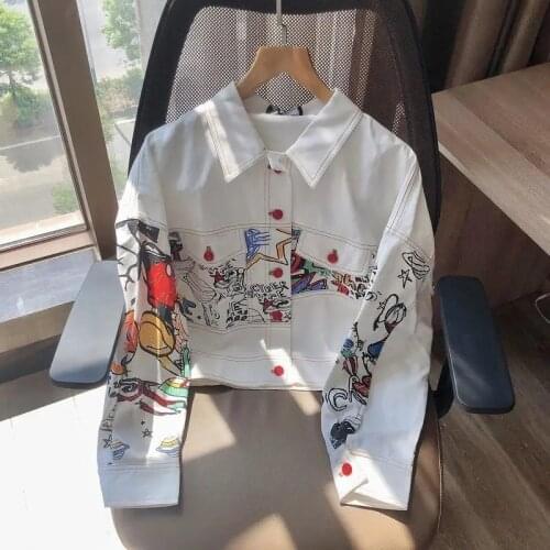 Fashion Short Print Graffiti Denim Jacket Women Spring Single Breasted Loose Long Sleeve Turn-down Collar Lady Cowboy Jacket