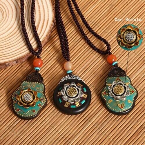 Moon Lotus Flower Shaped Pendant Necklace Simple Rope Chain Stone Beads For Women Six Words Mantra Yoga Prayer Buddhism Jewelry