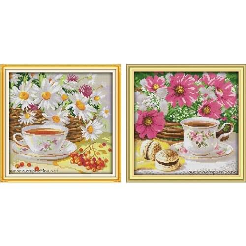 Joy Sunday Afternoon Tea Time Cross Stitch Kit Cup Flowers Series Chinese Embroidery Counted Needlework Set Decoracions for Home
