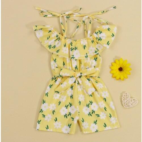 2021 New Girl’s Casual Tie-up Suspender Jumpsuit Fashion Small White Flowers Boat Neck Short Pants