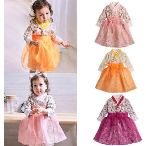 New Baby Girls Traditional Korean Hanbok Fashion Style Dress Cotton Long Sleeve Print 1-6 Years Old Child Asian Clothing