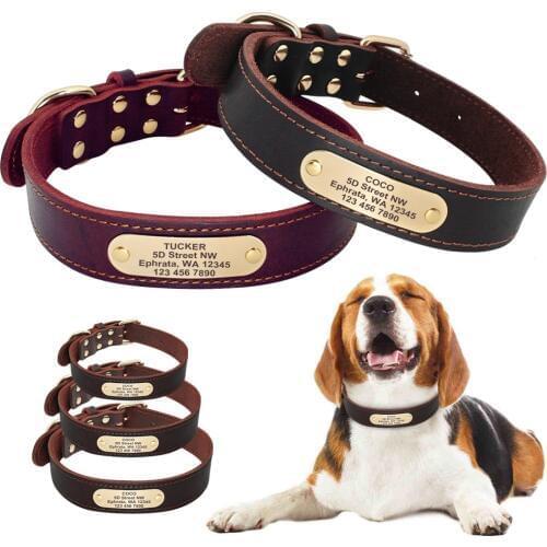Dog Collar Leather Personalized Medium Large Dog Collars Custom Large Pet Collars for Dogs Brown Black ID Name Plate