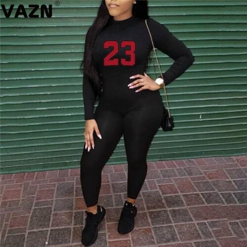 VAZN 2020 Hot Popular Black Letter Soft Elastic Round Neck Sexy Young Style Full Sleeve Women High Waist Skinny Jumpsuits