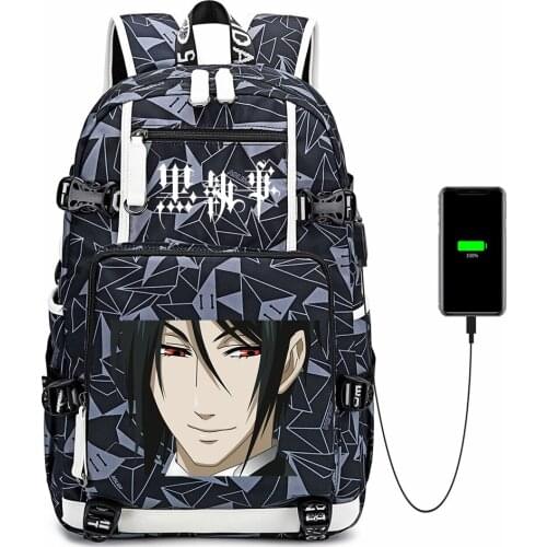 Anime Black Butler Backpack USB Charging Zip Casual Canvas School Bag Shoulder Bag Mochila Laptop Bag Travel Bag Rucksack