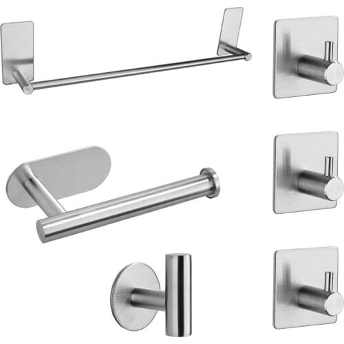 6PCS Self-Adhesive Stainless Steel Bathroom Hardware Kit Accessory Set with Towel Rack Coat Sticky Hooks Toilet Paper Holder