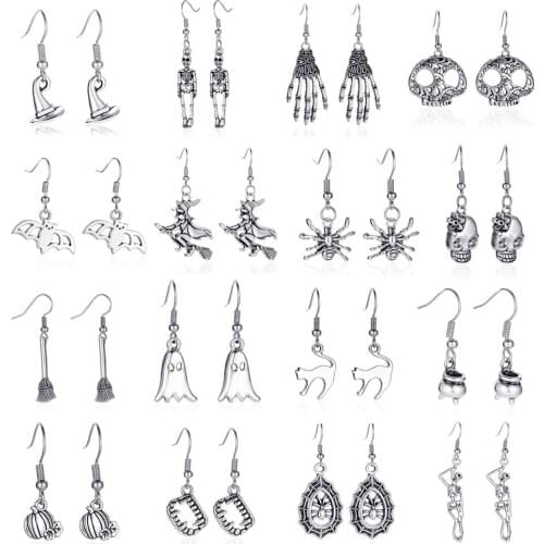 QiLuxy Vintage Hop Hip Metal Drop Earrings for Women Skull Ghost Silver Color Dangle Earrings Statement Earring Jewelry