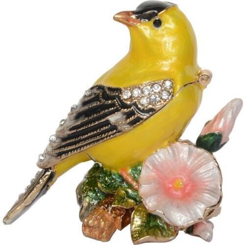 Jeweled Box Canary Bird Metal Trinket Jewelry Box Enameled Treasured Bird Figurine