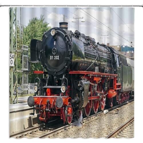 Retro Train Shower Curtains Steam Station Platform Railway Pattern Bathroom Decor Polyester Fabric Home Cloth Hanging Curtain