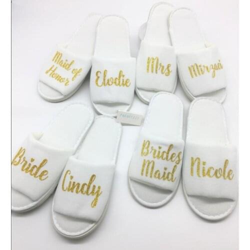 Wedding slippers Personalised bridal party slippers Open Toes spa hen weekend shoes quality coral fleece bridesmaid slippers